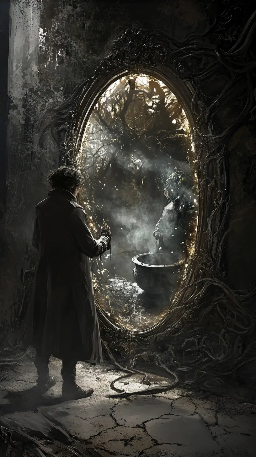 Figure Before A Warped Mirror And Lively Cauldron Reflection