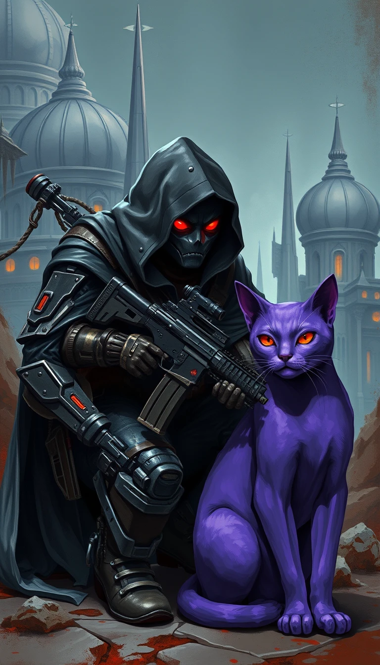 Cybernetic warrior with rifle beside sleek purple cat