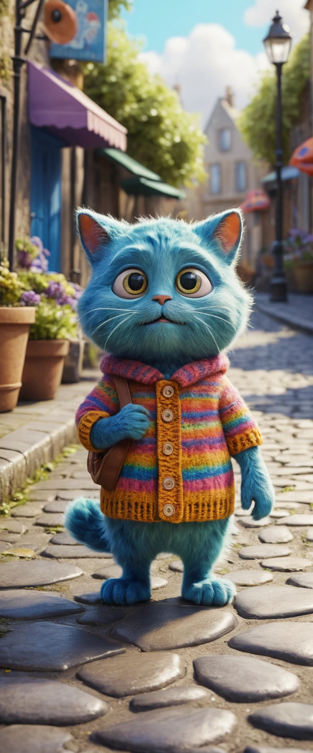 Colorful hippie cat listening to music on a sidewalk