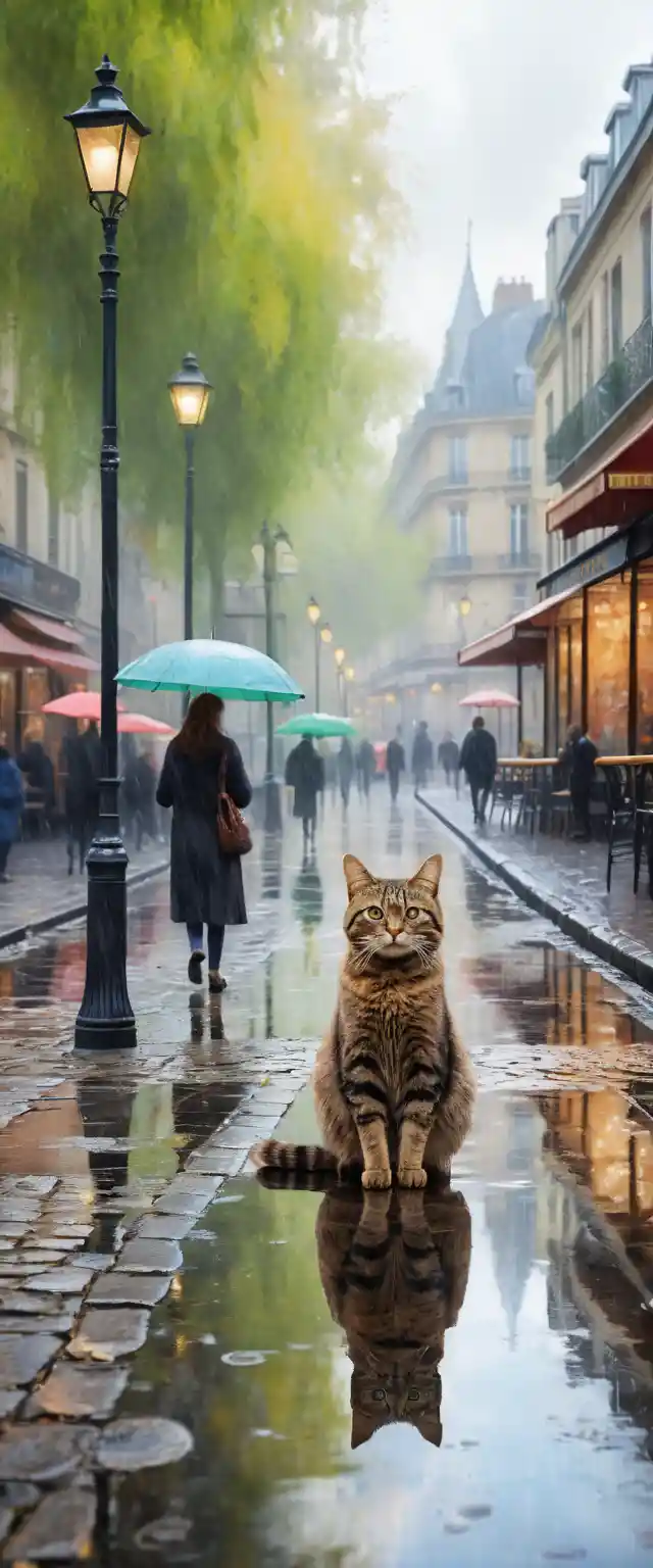Hippie cat listening to music on a city sidewalk