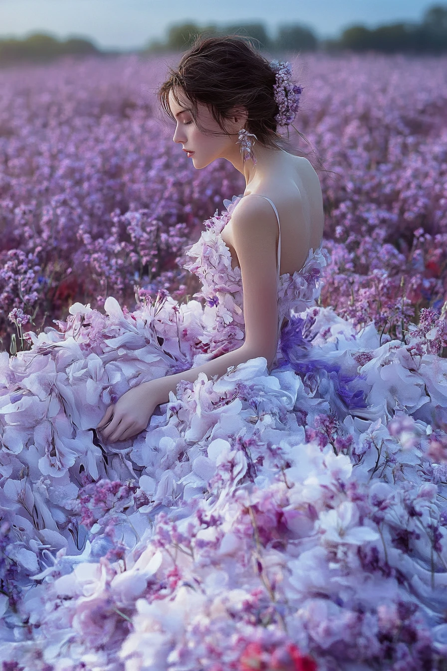 Mujer de alta costura floral surreal en un jardín lila de ensueño