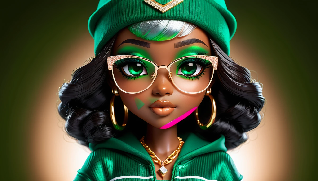 Glam chibi fashion woman with emerald hoodie and jewelry
