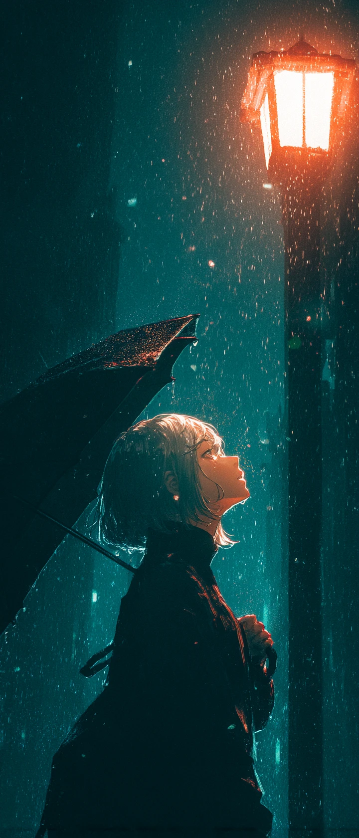 Mujer de anime bajo farola bajo la lluvia con yo desvaneciéndose