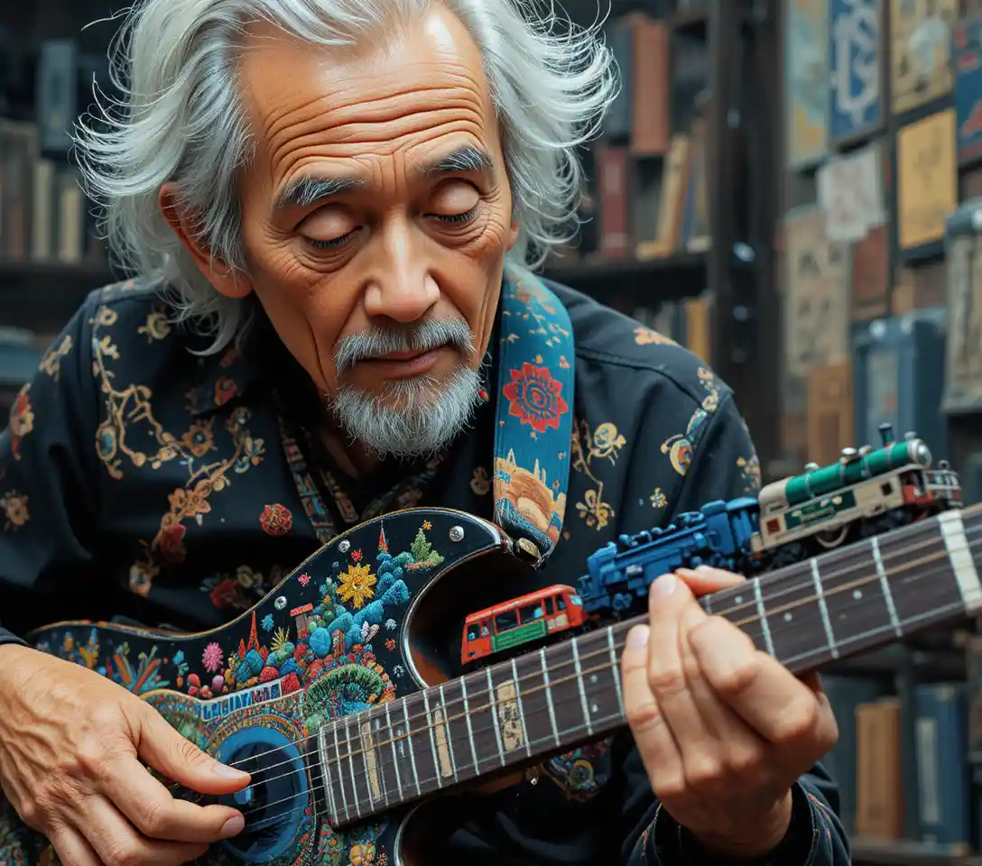 Close up of elderly japanese musician with guitar train set