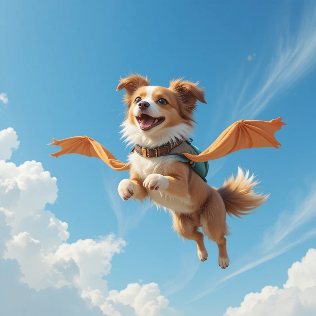 Joyful dog flying through a bright blue sky