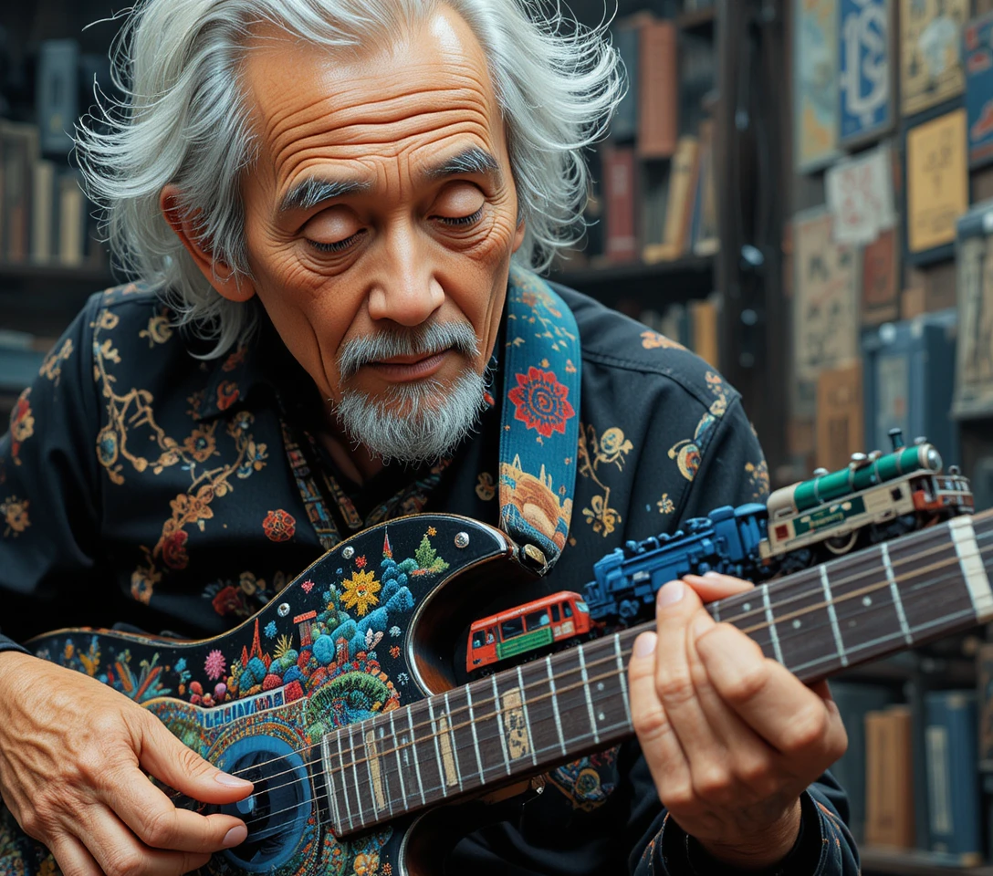 Close up of elderly japanese musician with guitar train set