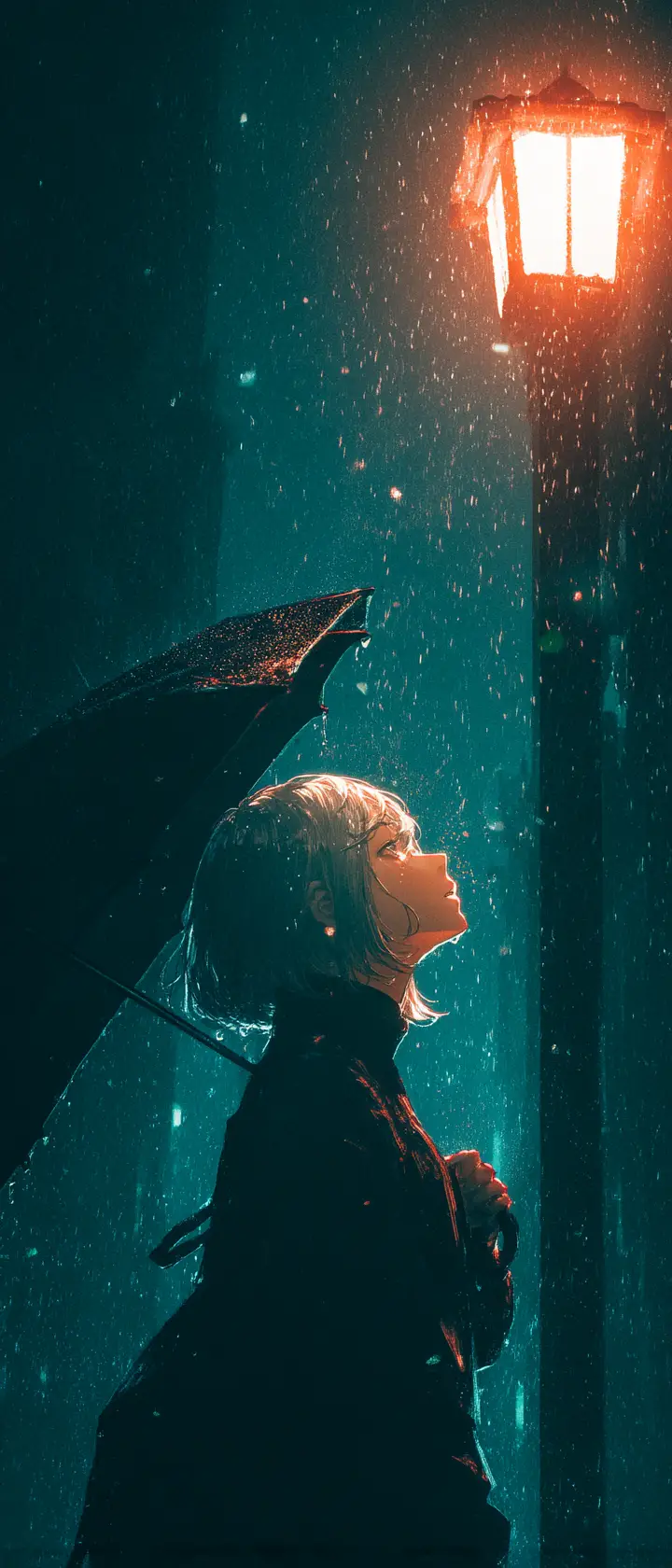 Anime woman under streetlamp in the rain with fading self