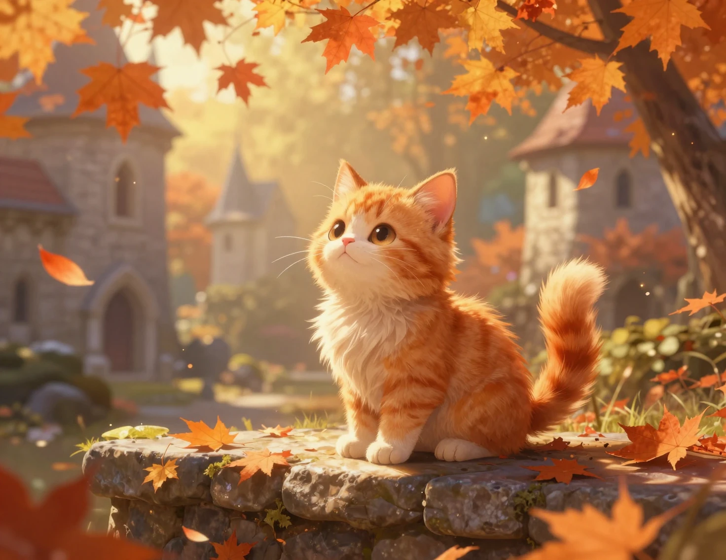 Cute anime kitten on a stone ledge in autumn light