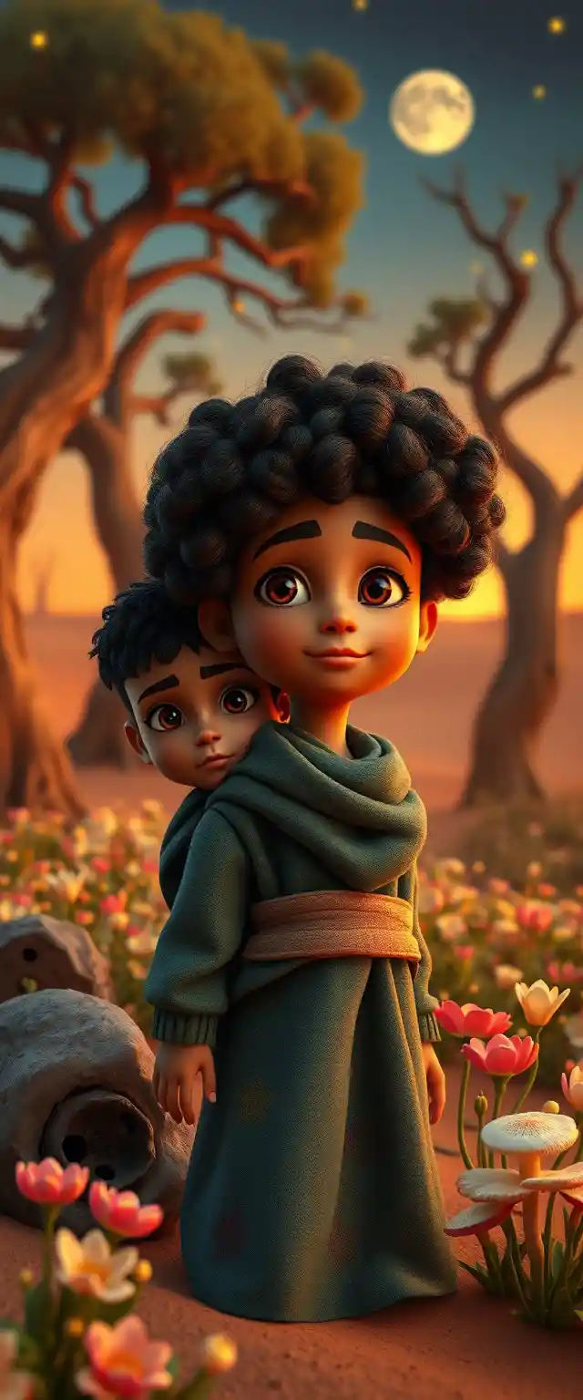 Two young children crossing a vast desert toward an oasis