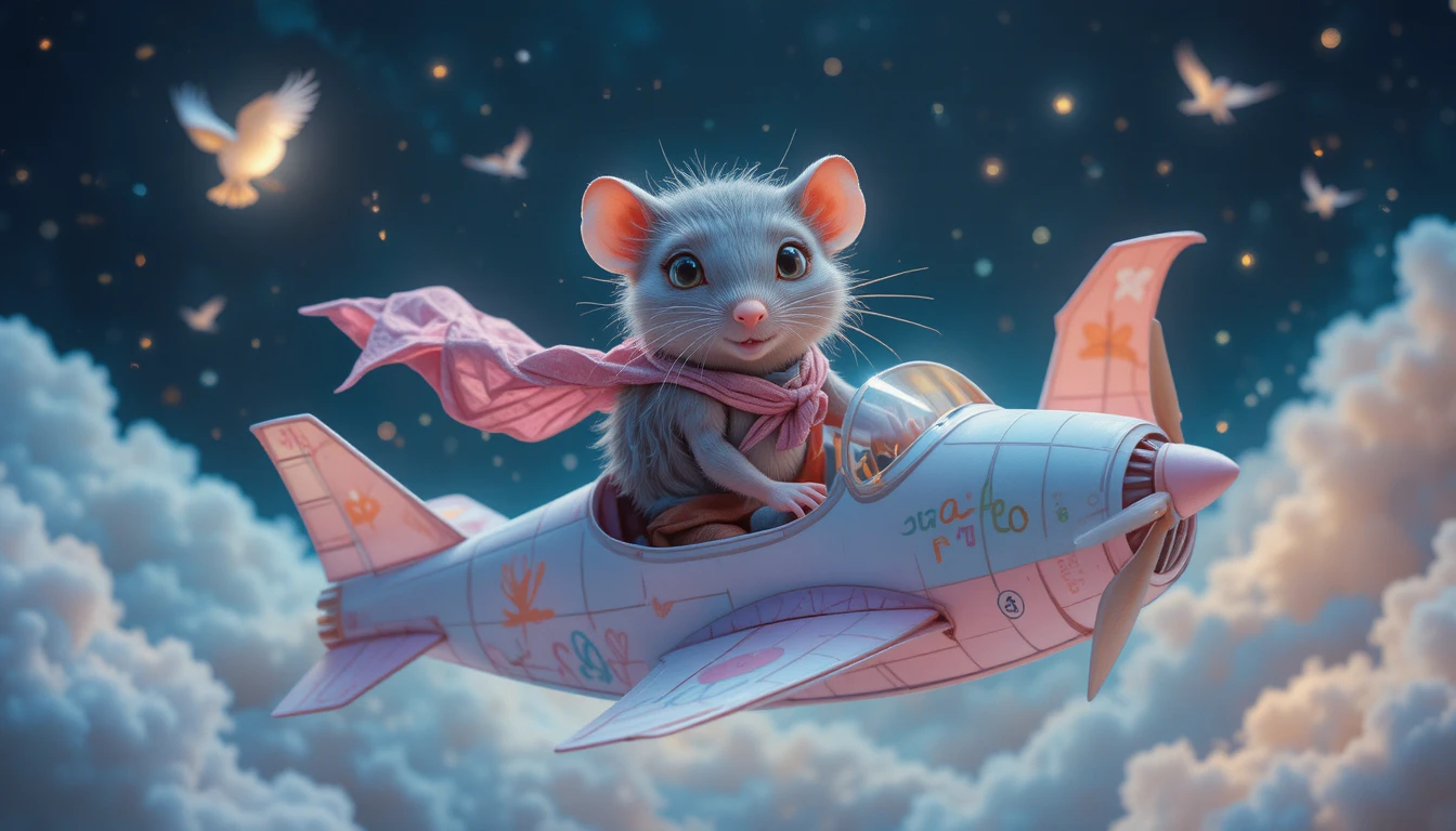 Playful raccoon flying a paper airplane through pastel sky