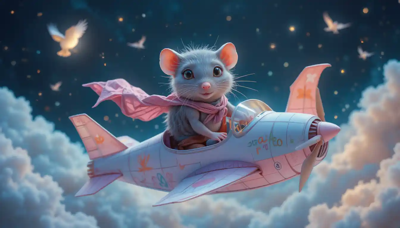Playful raccoon flying a paper airplane through pastel sky
