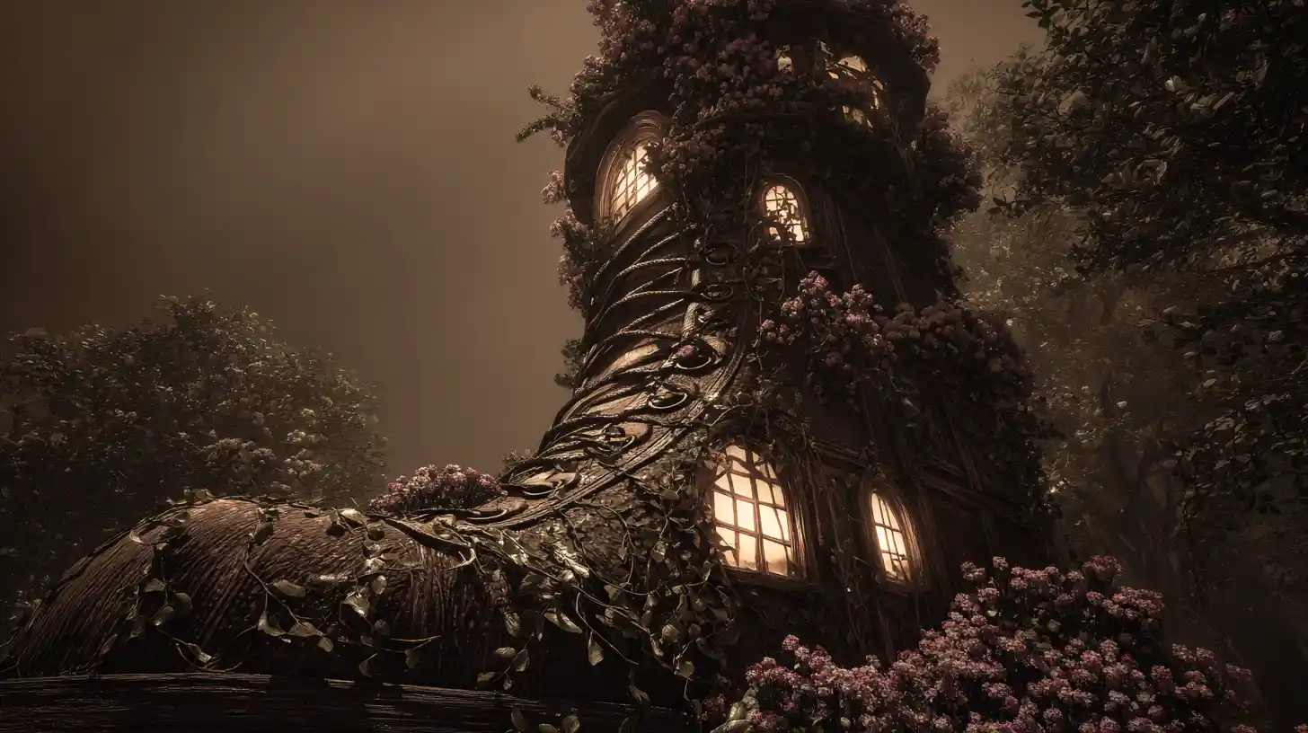Surreal shoe shaped tower wrapped in vines and flowers