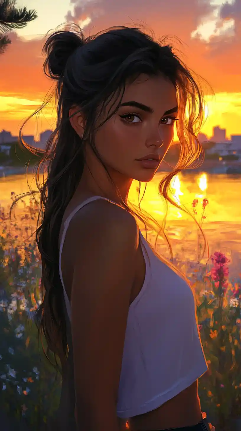 Thoughtful rodeo girl by a calm sunset lake