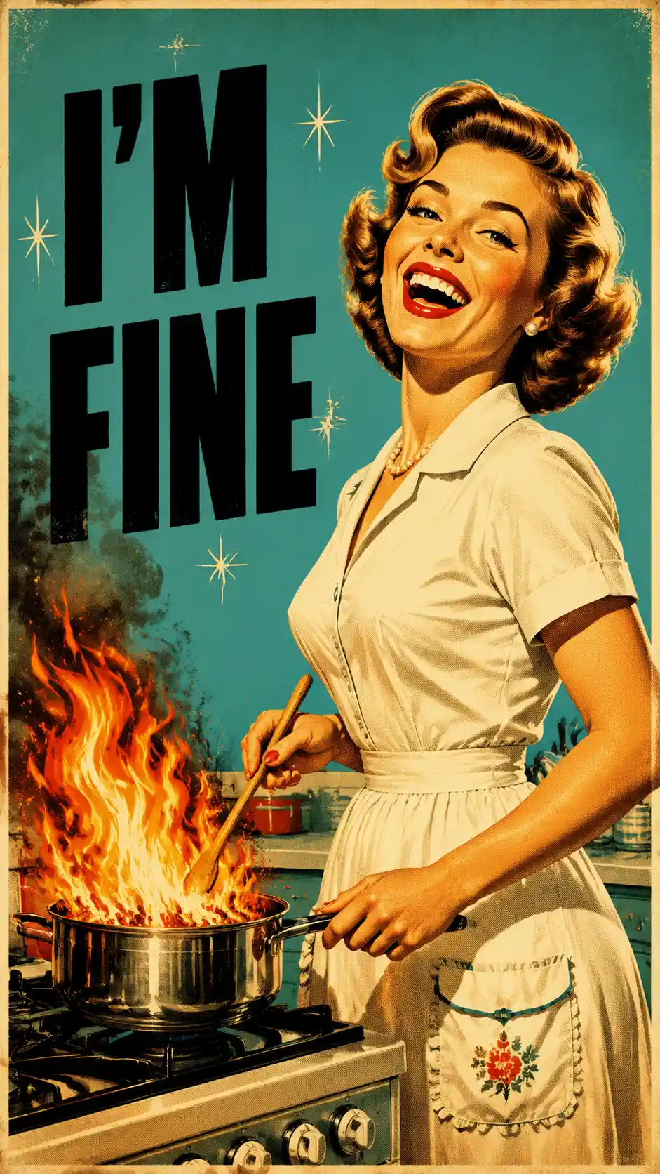 Laughing 1950s housewife with flaming saucepan on stove