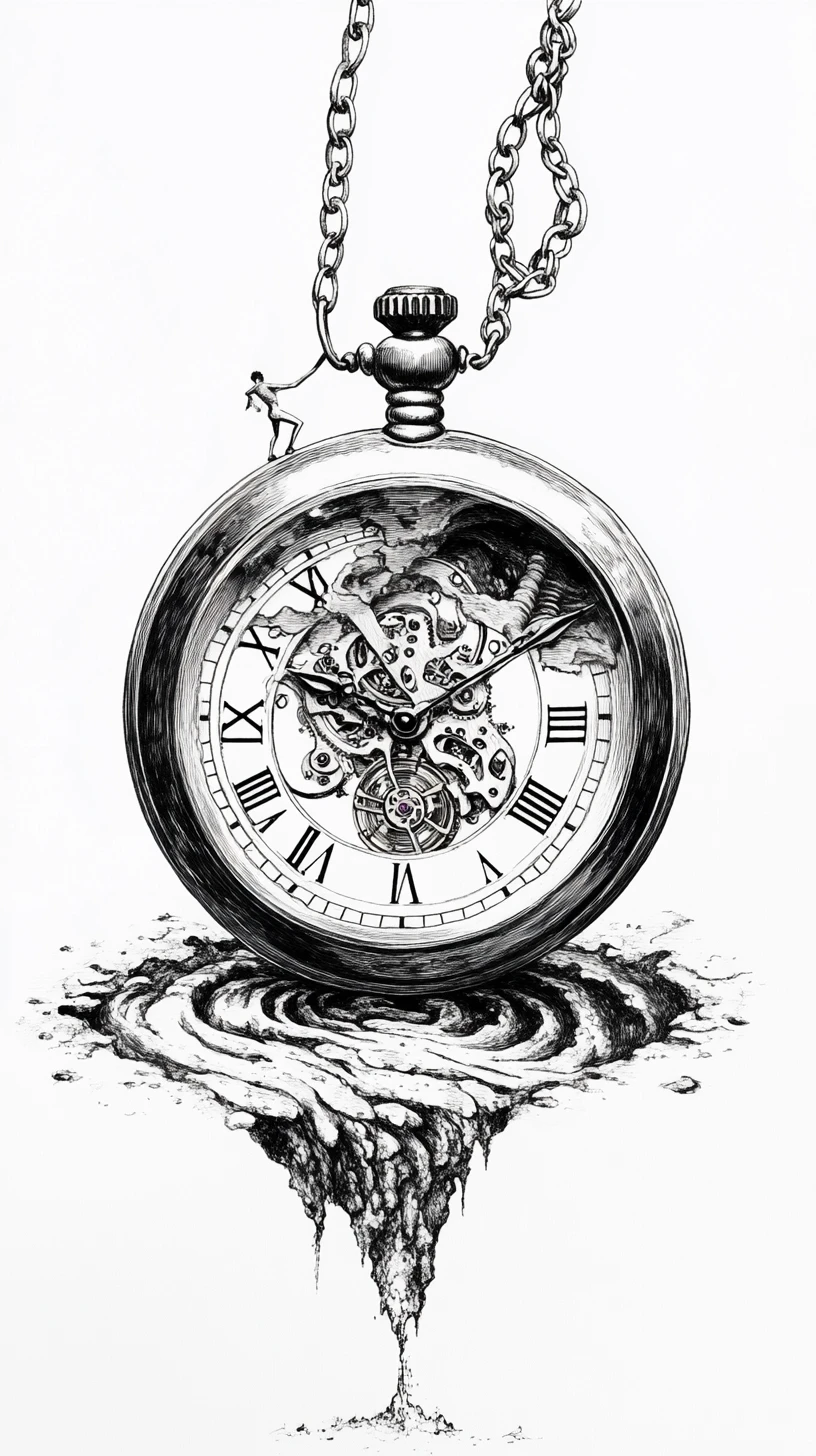 Melting pocket watch with endless chain and recursive dial