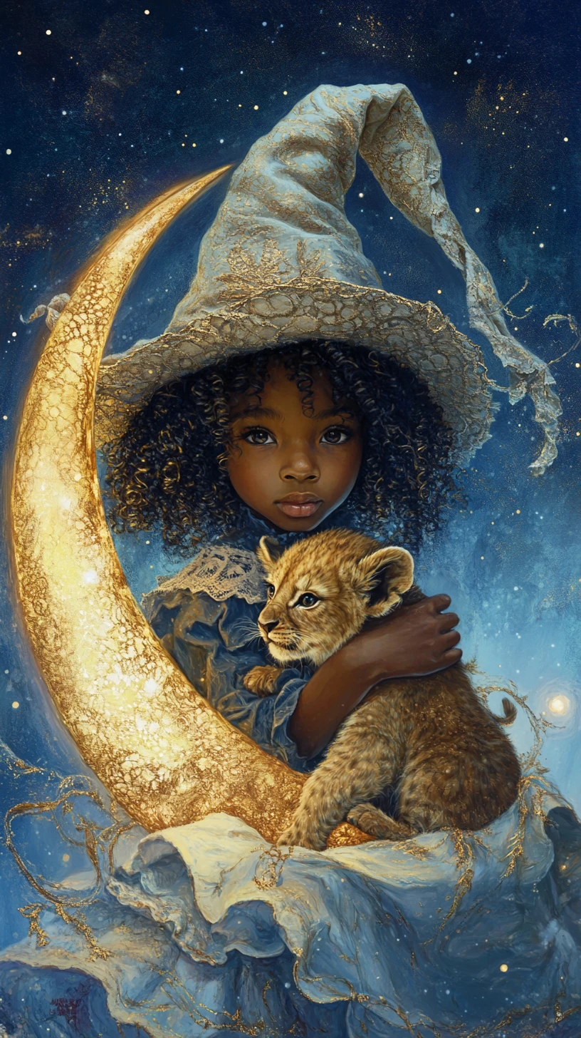 Young child wizard with lion cub in glowing crescent world
