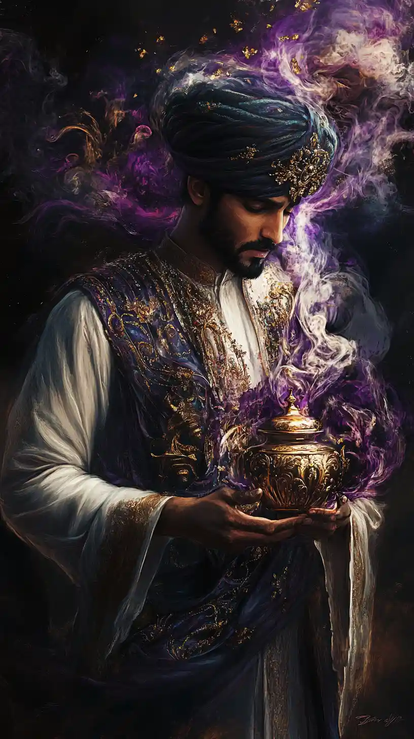 Uomo elegante con antica lampada e fumo incantato vorticoso