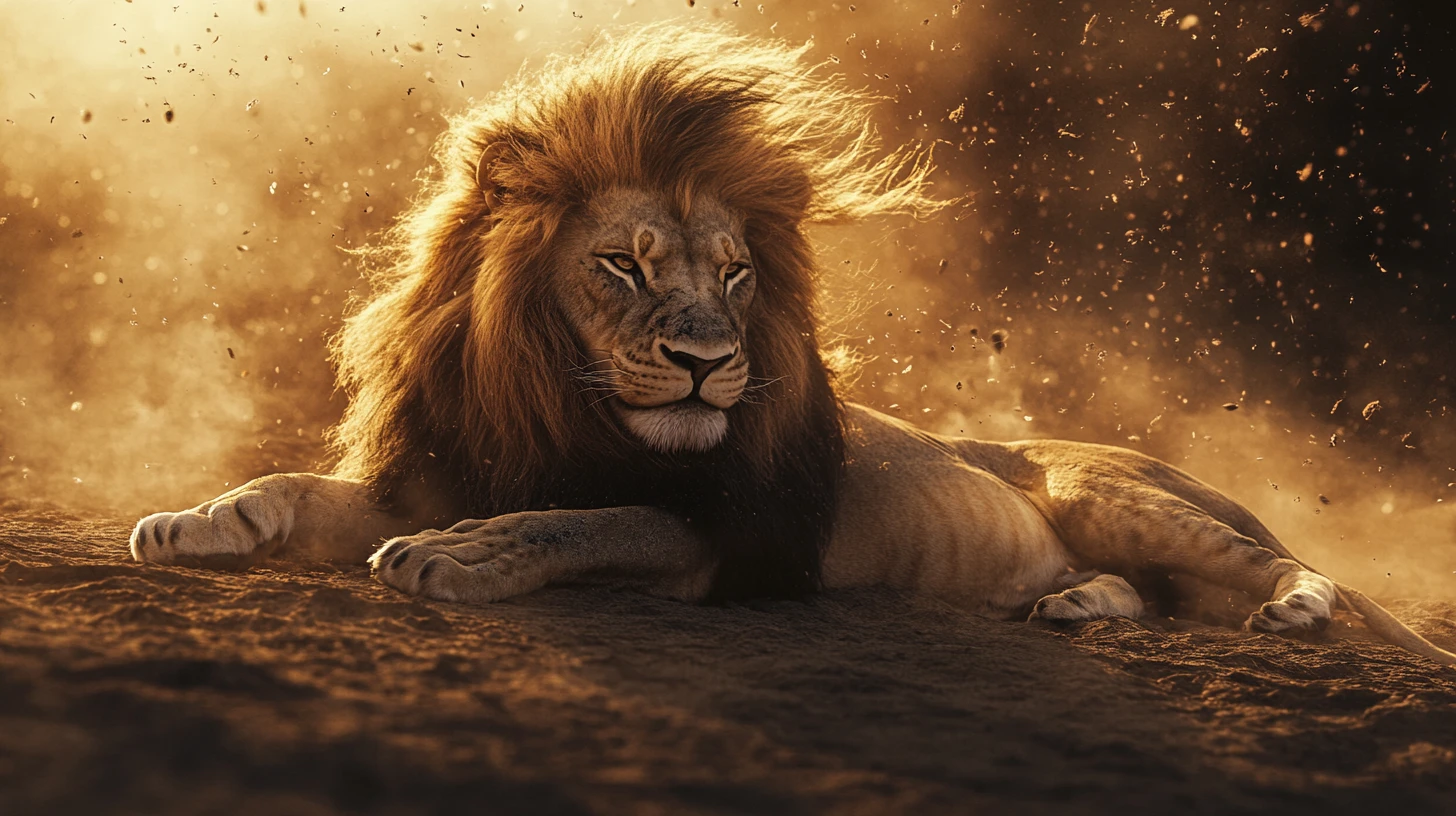 Lion dissolving into drifting ash over cracked ground