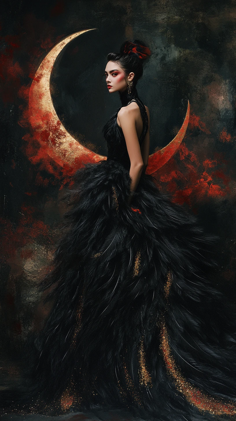 Gothic fashion model in black feathered crescent gown