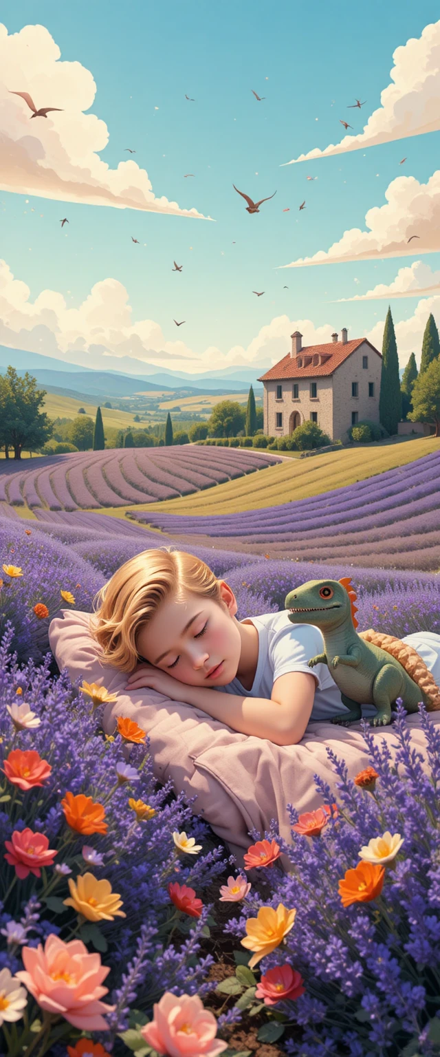 Sleeping blonde boy cuddling dinosaur plush by warm lights