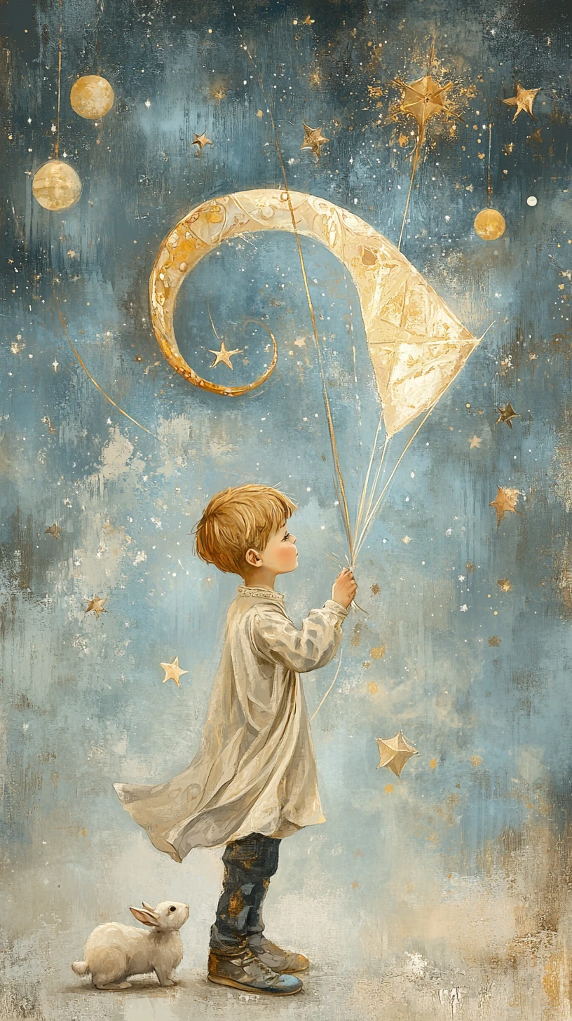 Niño volando una cometa celestial con un conejo