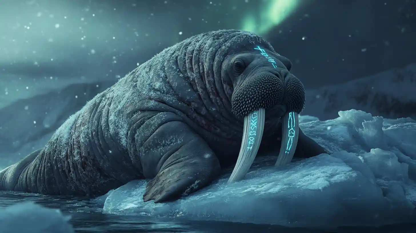 Walrus Resting Against Jagged Iceberg In Polar Twilight
