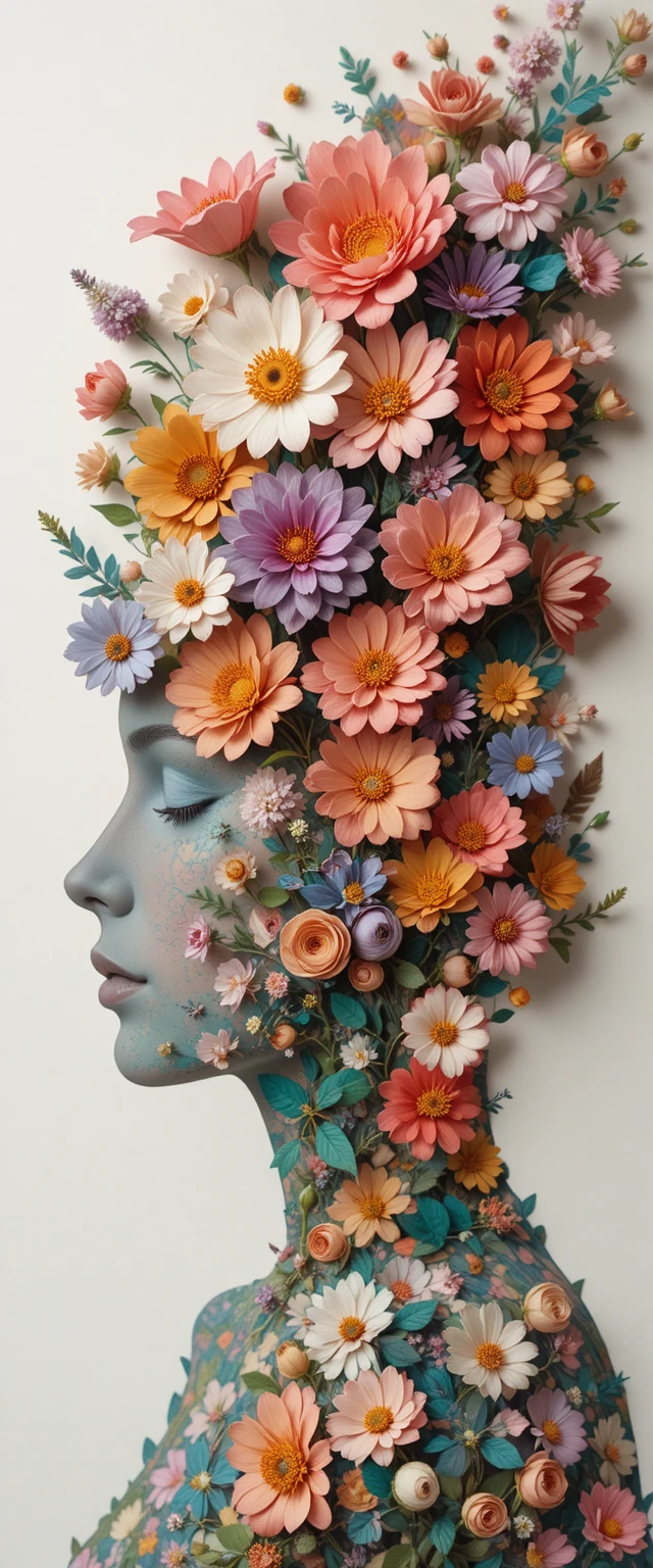 Surreal flowers flowing from a womans paper cutout head