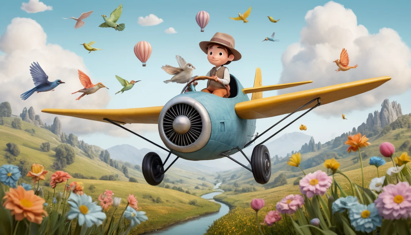 Raccoon with scarf flying a paper airplane in pastel sky