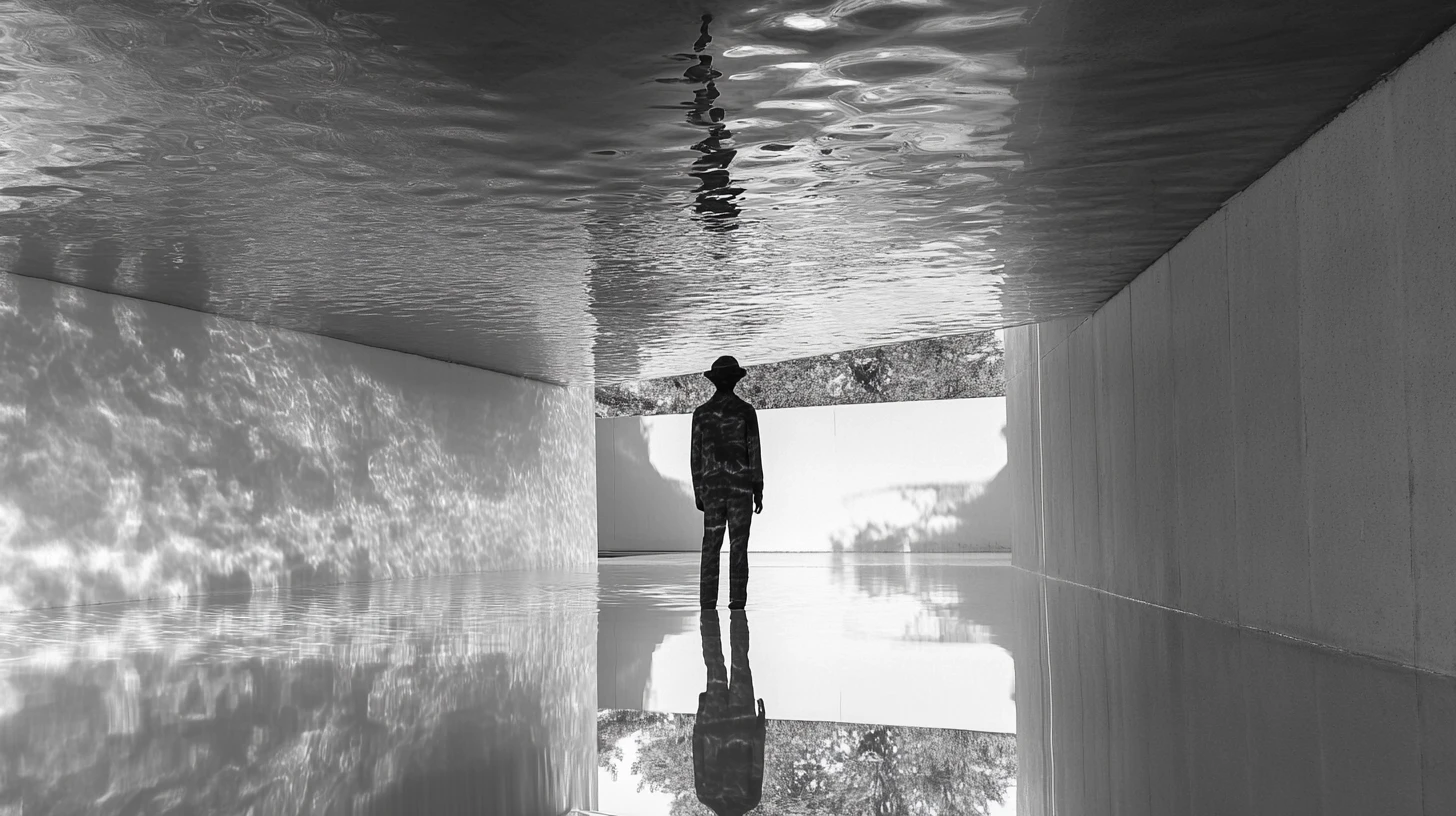 Minimal surreal figure mirrored on a calm reflective plane