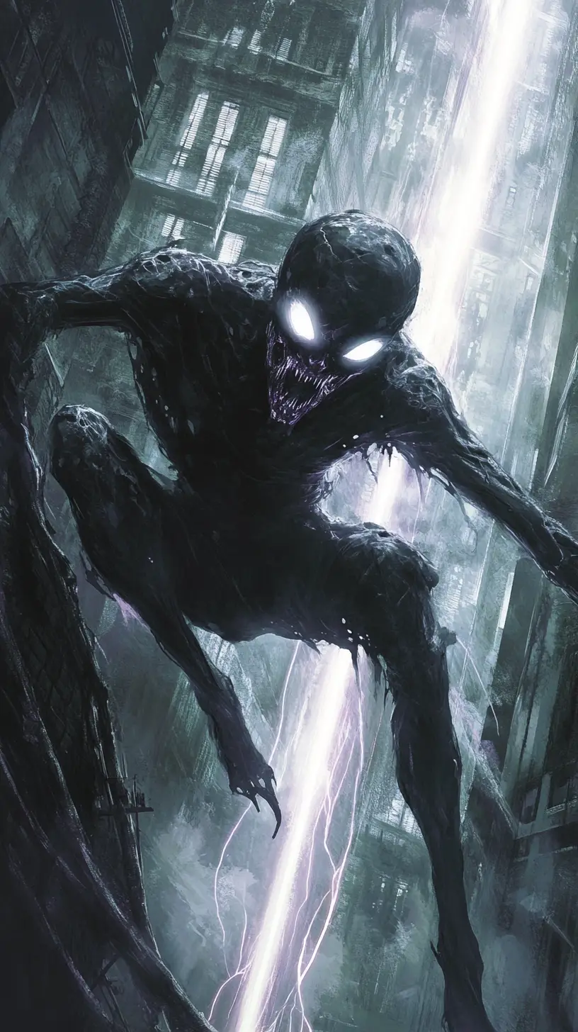 Shadow monster leaping above a warped gothic city