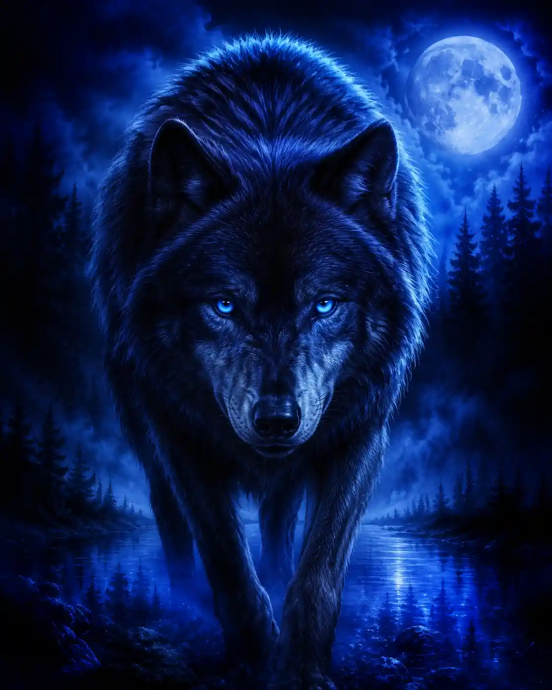 Mystical airbrush painting of a wolf in a midnight forest