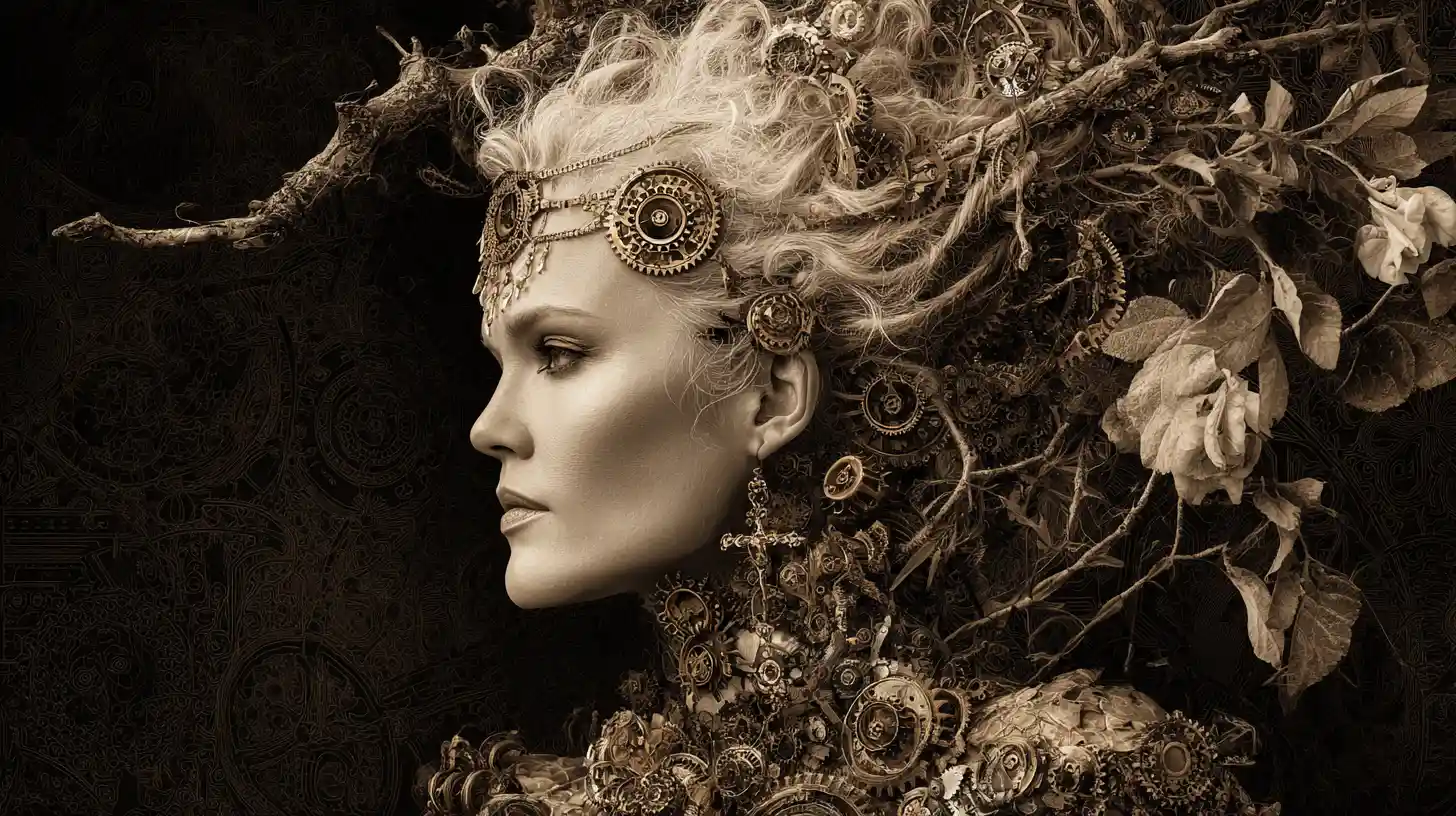 Regal mechanical woman entwined with thorns and decayed florals