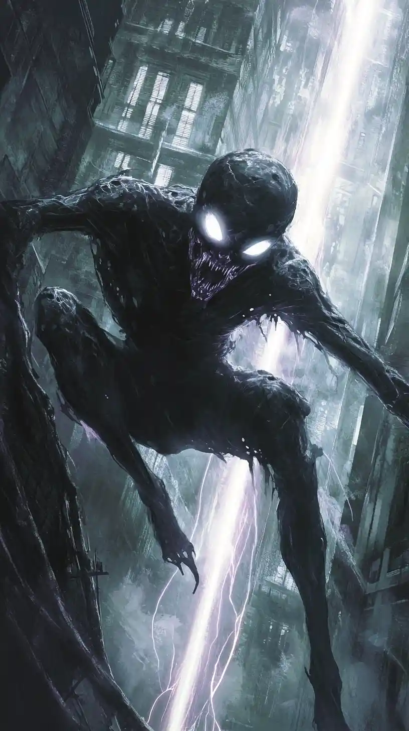 Shadow monster leaping above a warped gothic city