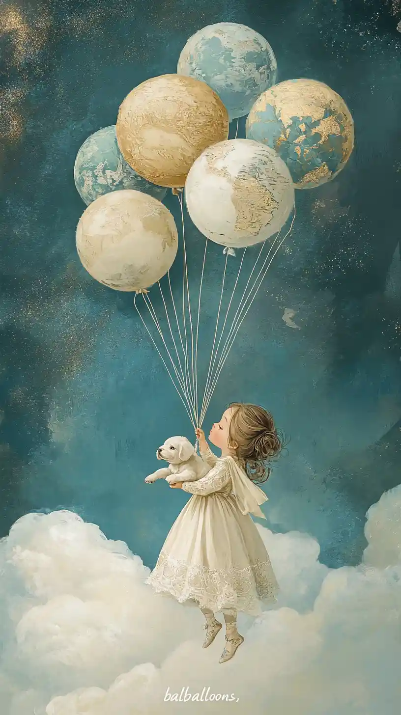 Kind schwebt mit Planeten-Ballons am träumerischen Himmel