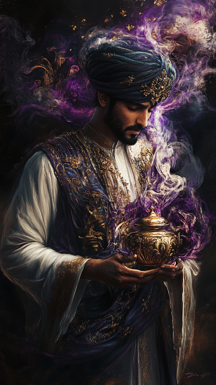 Elegant man with ancient lamp and swirling enchanted smoke