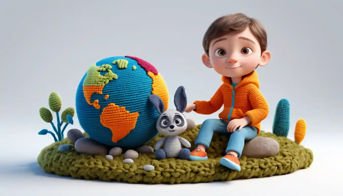 Süßes Tech‑Mädchen als Heldin in einer verspielten 3D‑Fantasiewelt