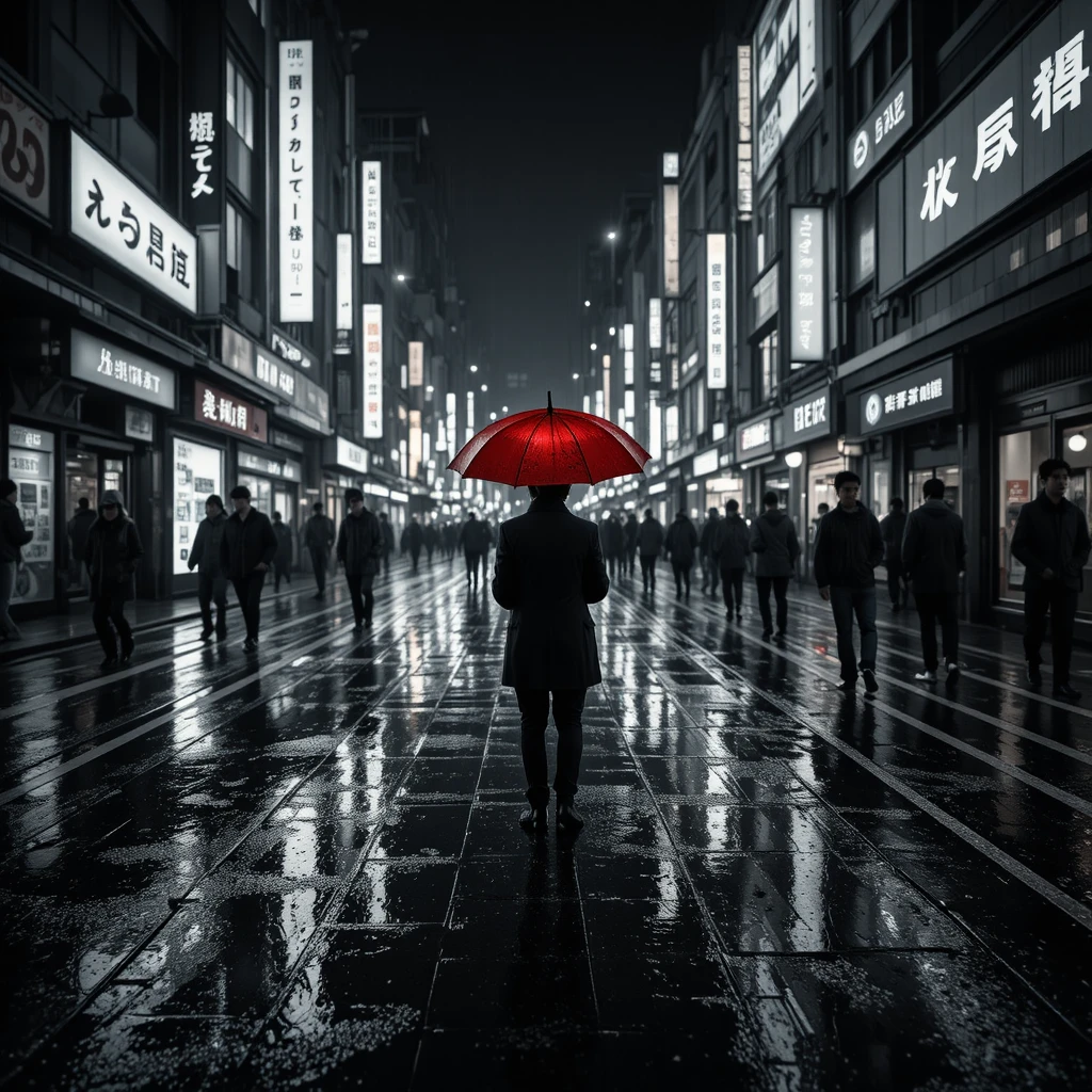 Red Umbrella On Rainy Tokyo Street In Black And White