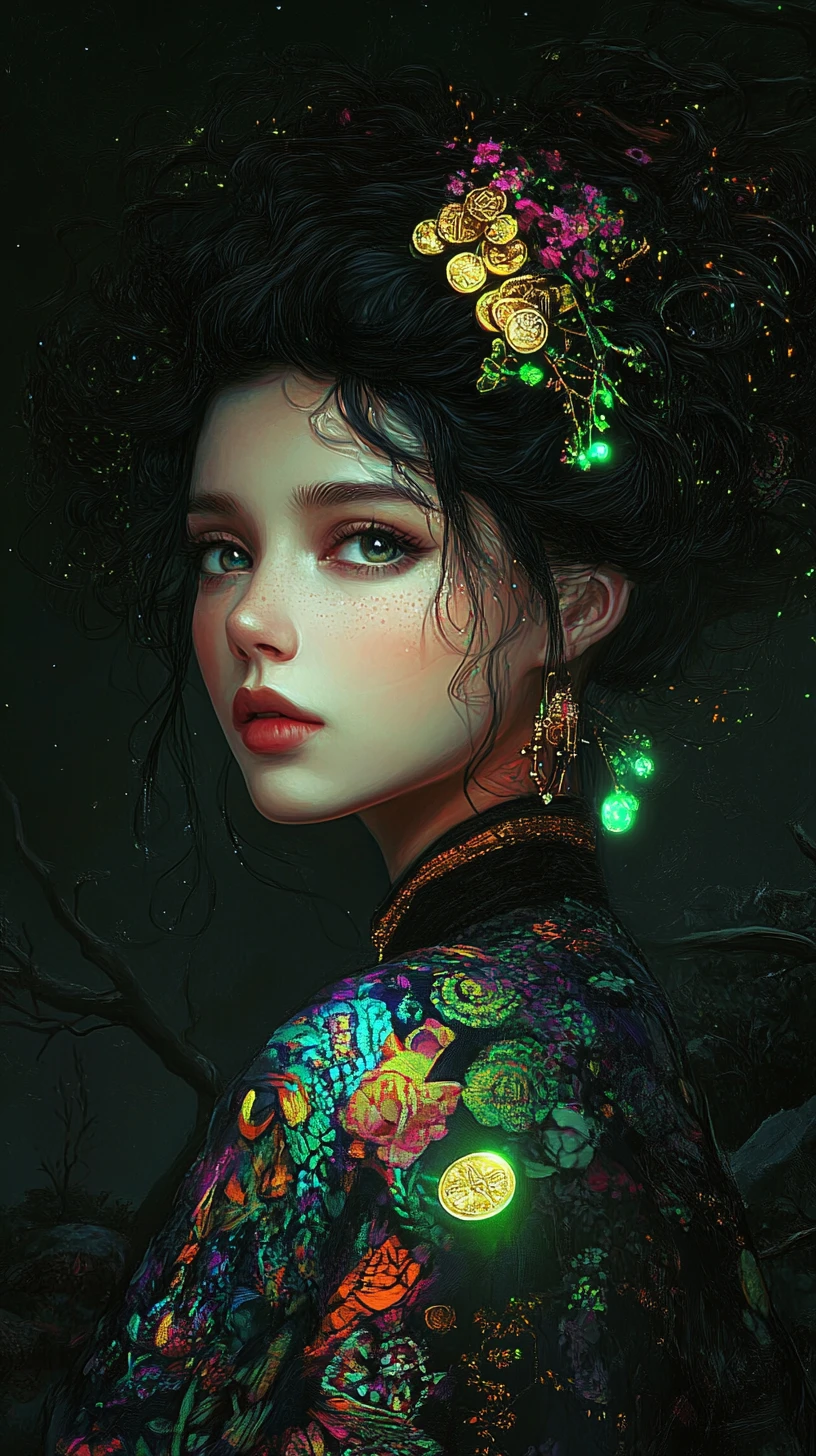 Surreal portrait of a woman in ethnic shawl and coins