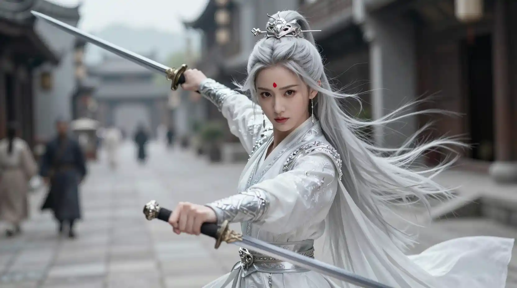 Silver haired Chinese warrior woman on ancient cobblestone street