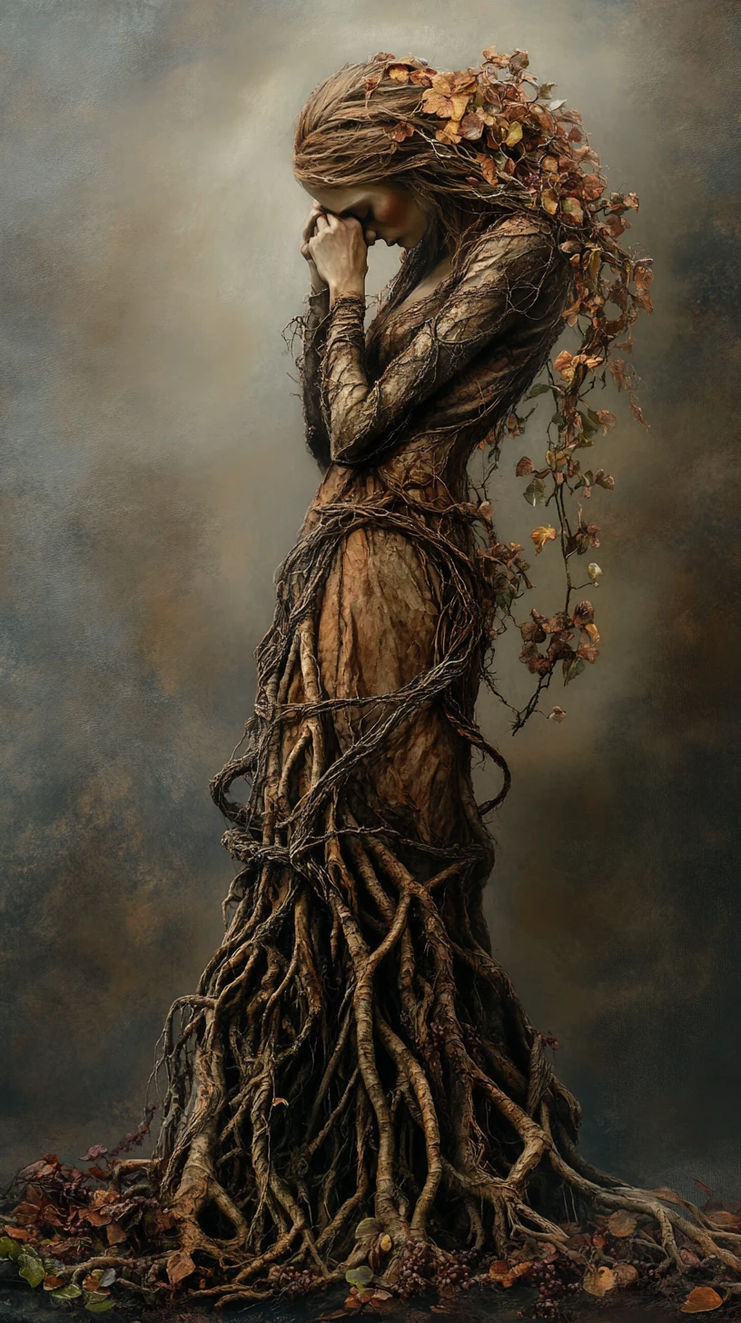 Ancient woman fused with twisted tree roots and wild flowers