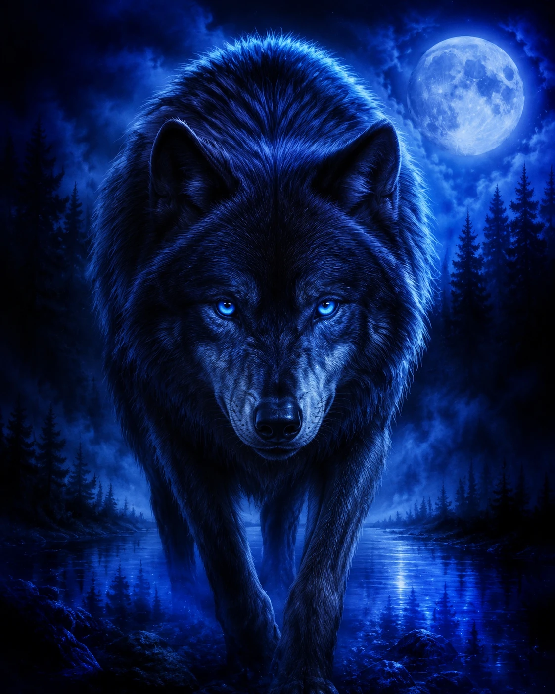 Mystical airbrush painting of a wolf in a midnight forest