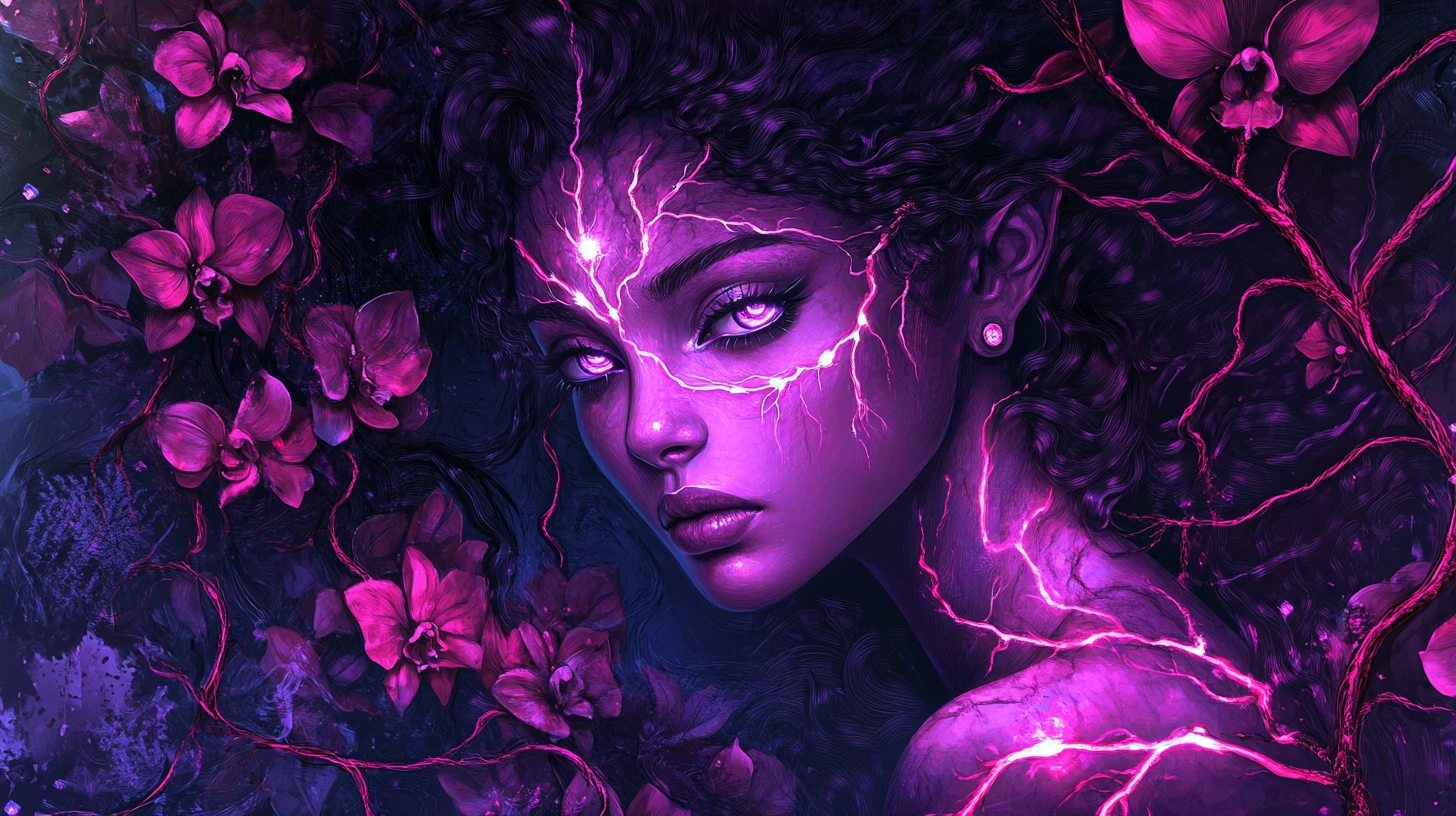 South Asian fairy woman glowing within a dark orchid garden