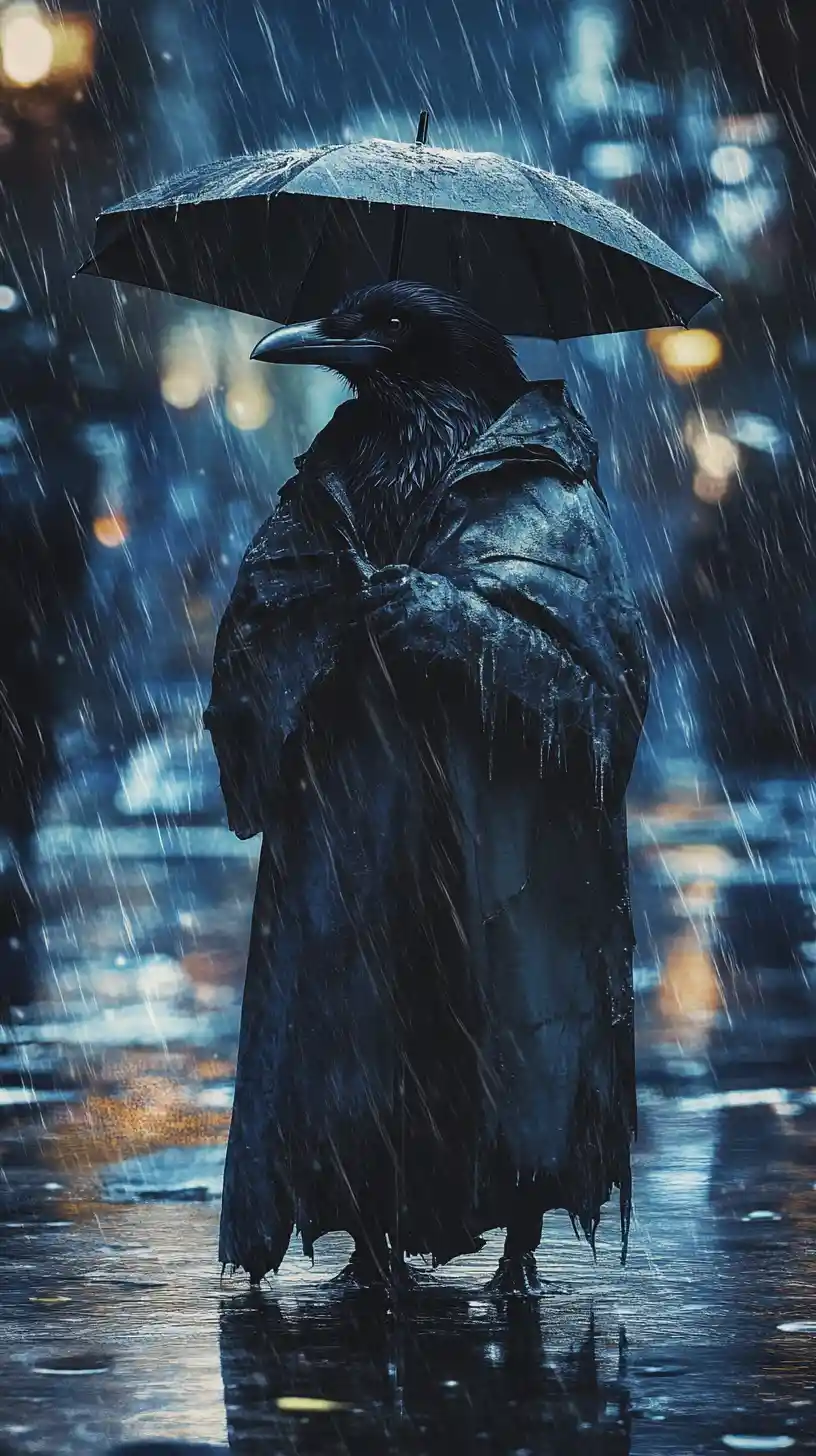 Crow In Tattered Raincoat On Flooded Street At Night