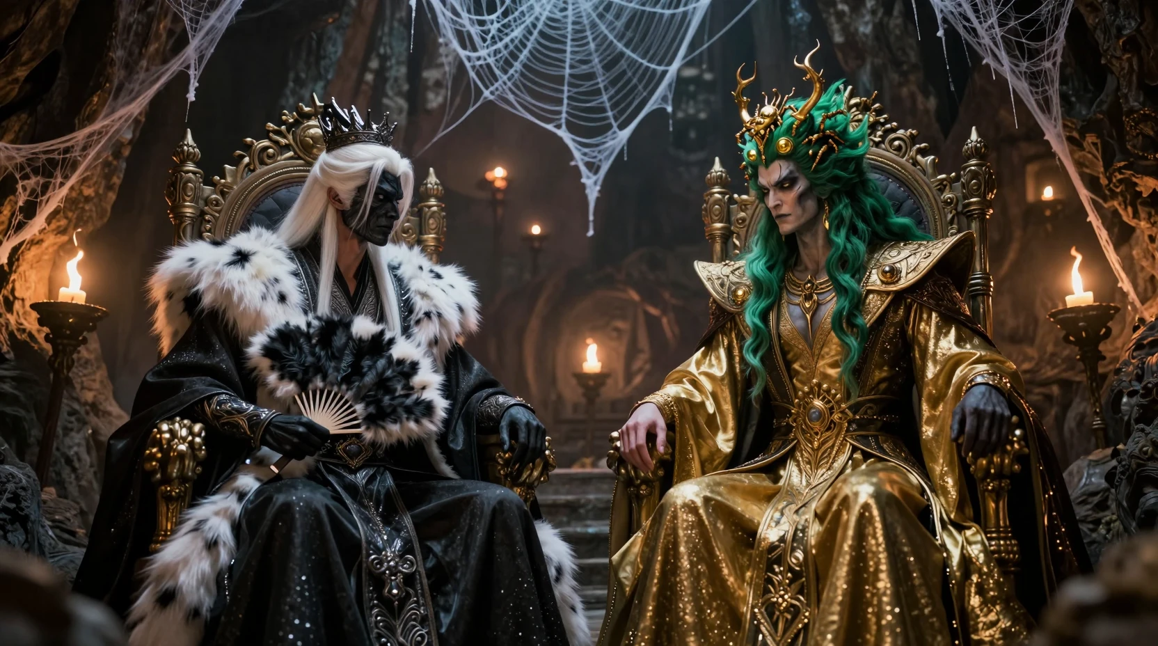 Cinematic standoff of two fantasy kings in spiderwebbed cave
