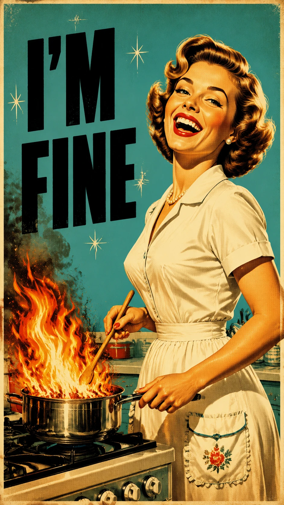 Laughing 1950s housewife with flaming saucepan on stove