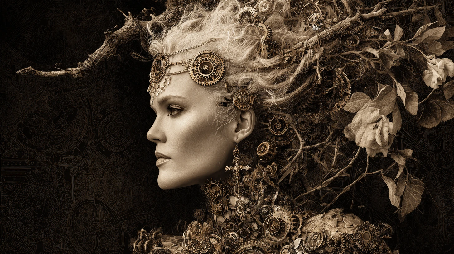 Regal mechanical woman entwined with thorns and decayed florals
