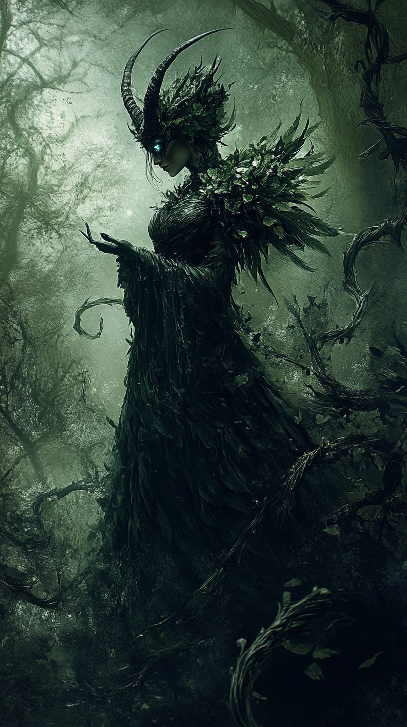 Dark fairy queen in thorns within a shadowy forest