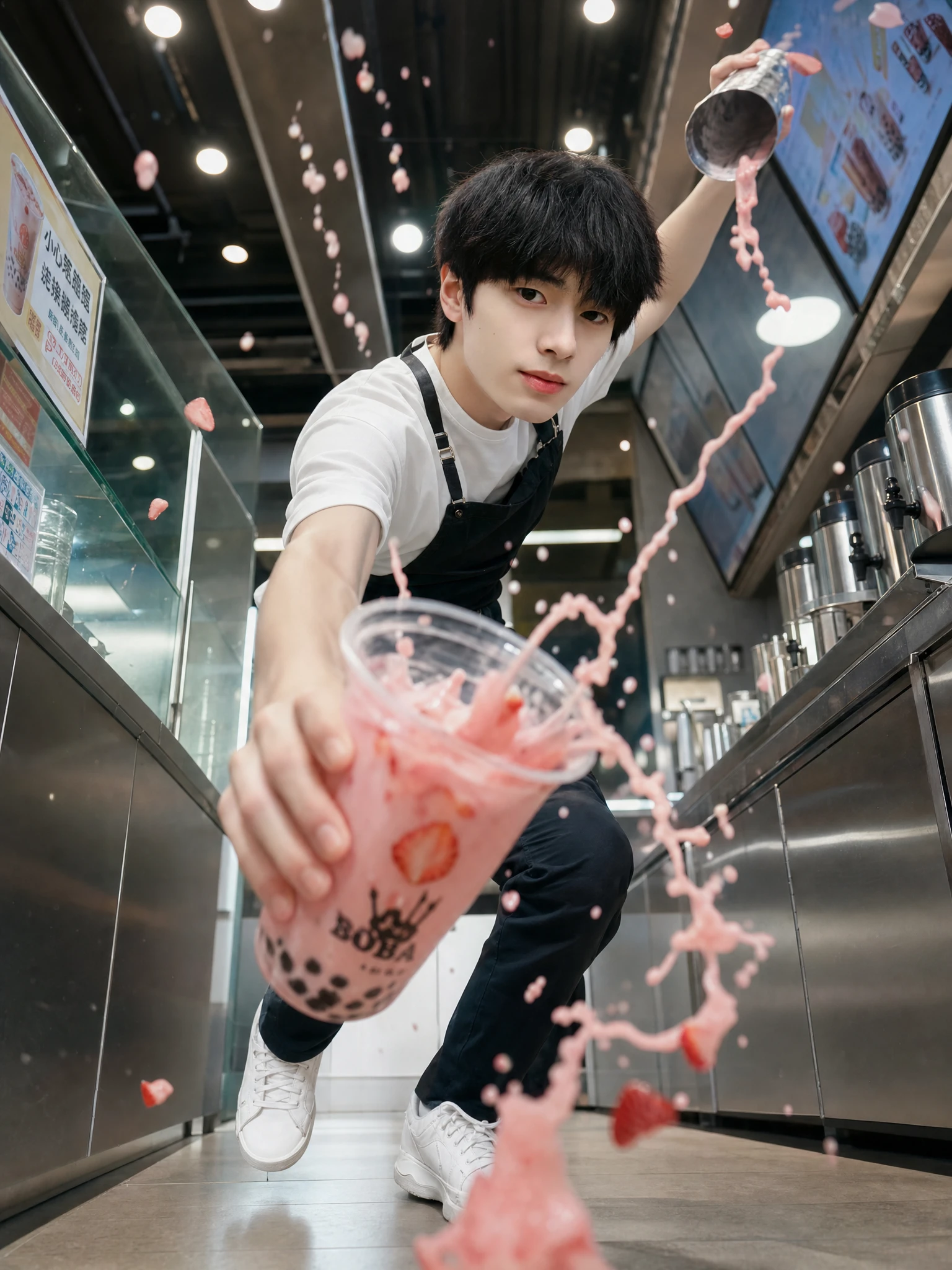 現代風手搖飲吧台的動感低角度人像