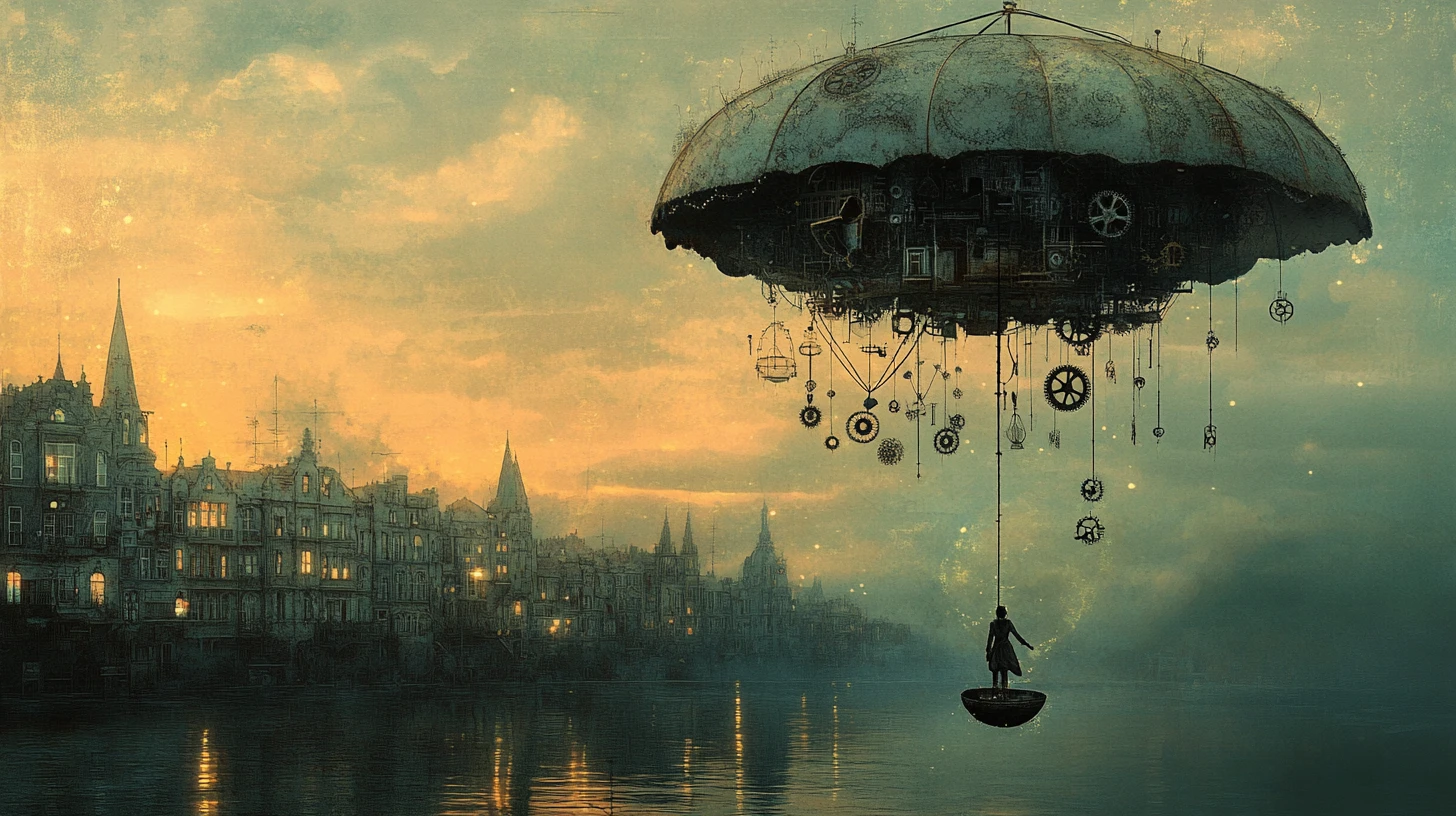 Paraguas flotante sobre una ciudad steampunk pastel y fantasiosa