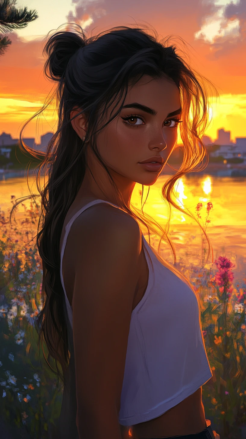 Thoughtful rodeo girl by a calm sunset lake
